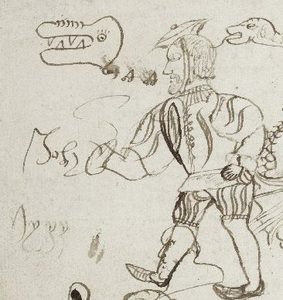 detail of drawings, showing the foppishly dressed man
