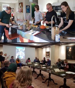 Top: David Goldstein, Amanda Herbert, Heather Wolfe, Ken Albala, and Elisa, cooking together. Bottom: Material Witness seminar during Albala's visit. Photos by Jonathan MacDonald