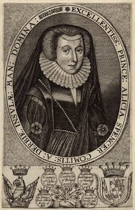 An engraving of a portrait of a woman circle by words in Latin. Below the portrait there are names above clasped hands, a griffin, and a shield with a crown on top.