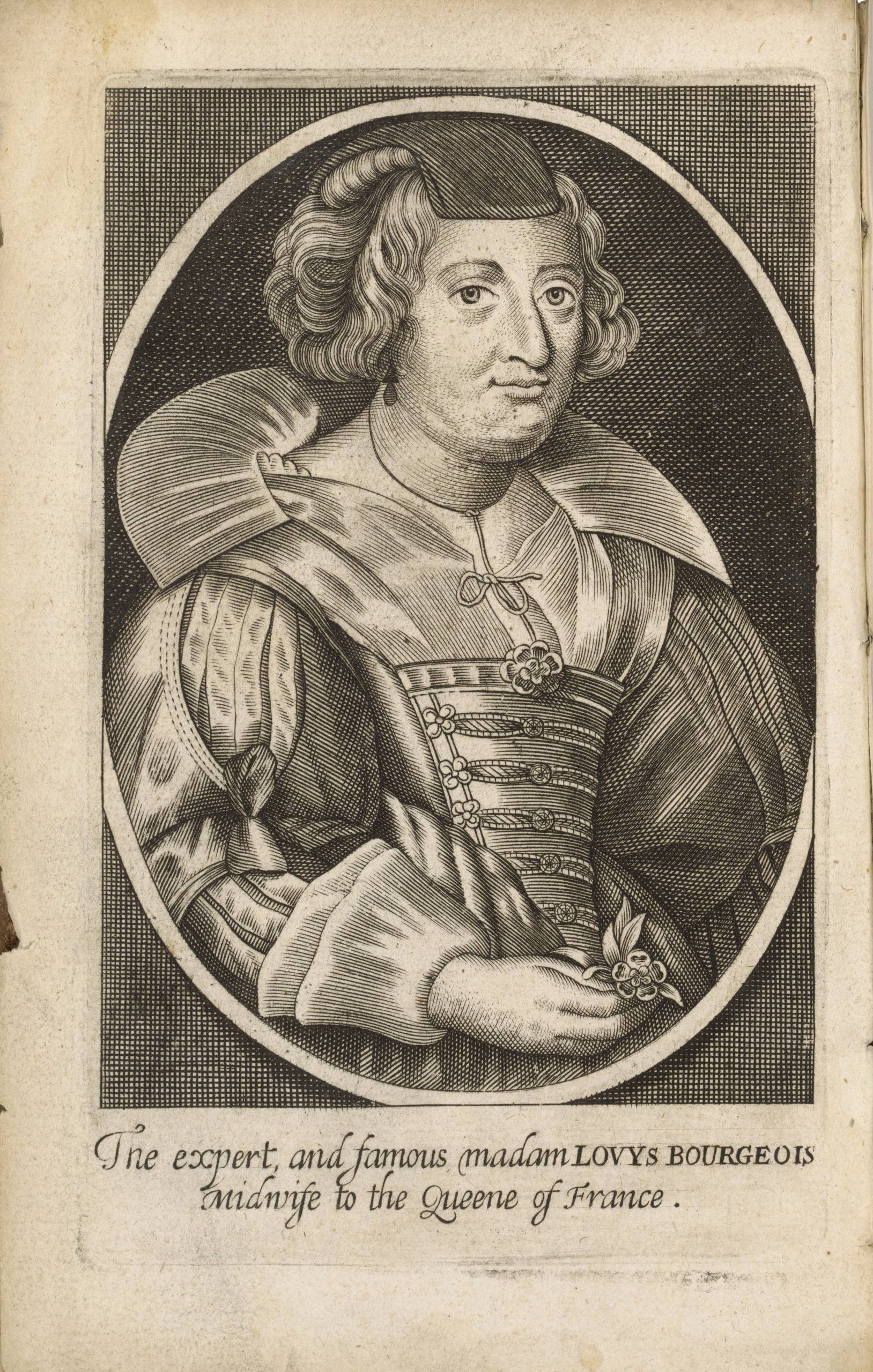 An ovular three-quarters printed portrait of a woman in fine dress