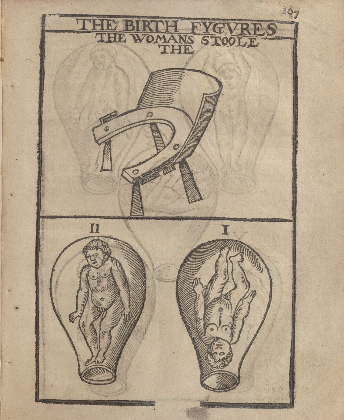 The top half of the page shows a chair with horseshoe-like seat. The bottom half of the image shows two lightbulb-like shapes with children inside of them, one upright, one upside down