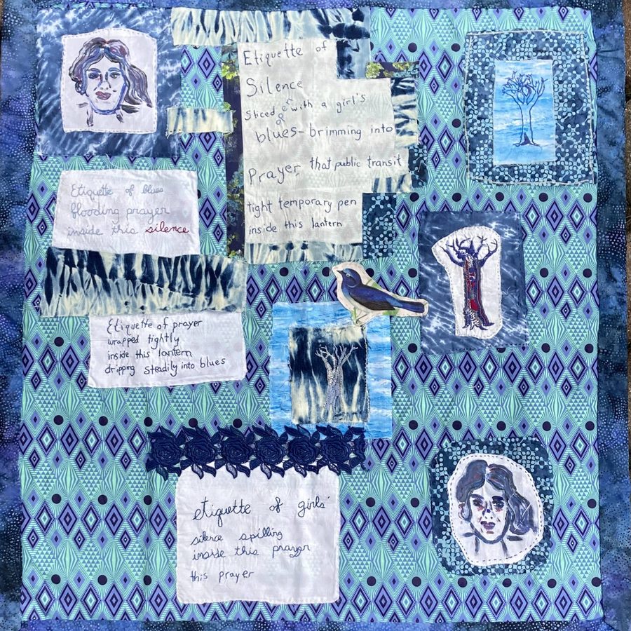 Mixed Media Collage Quilt in shades of blue and white