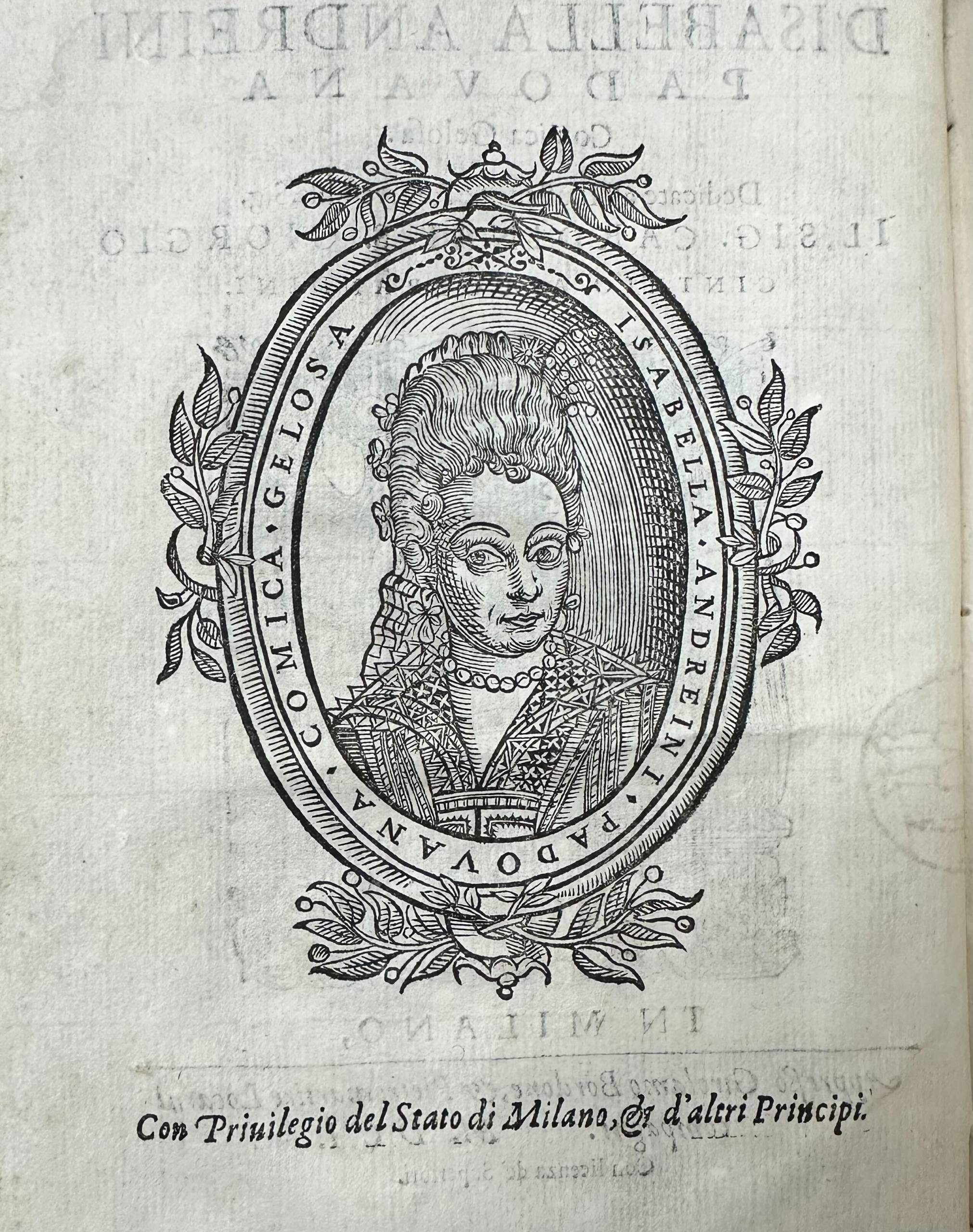 An engraved portrait of a woman in an oval frame.