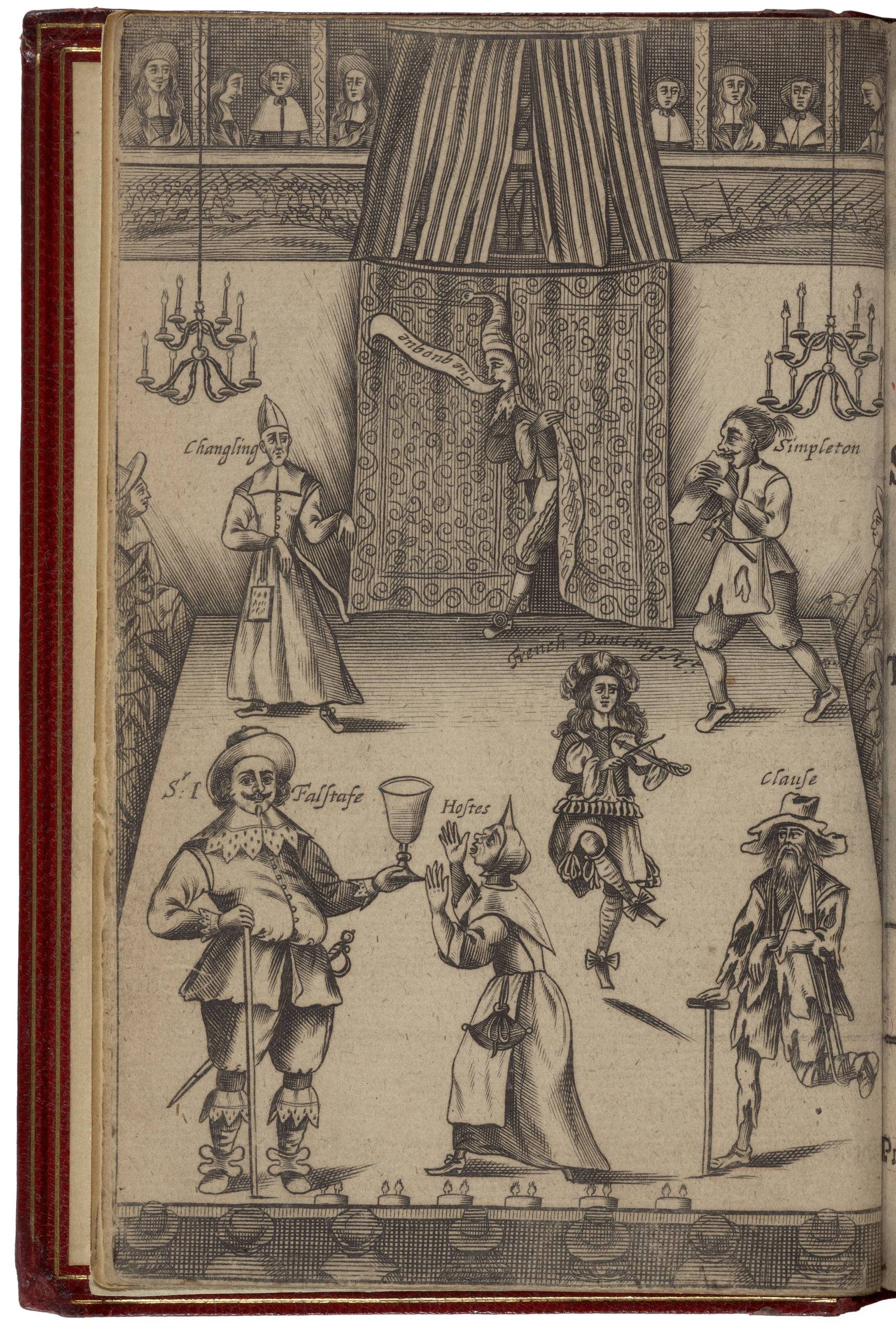 A printed image showing a variety of labeled characters on a stage, with audience members in the background watching them from an elevated box.