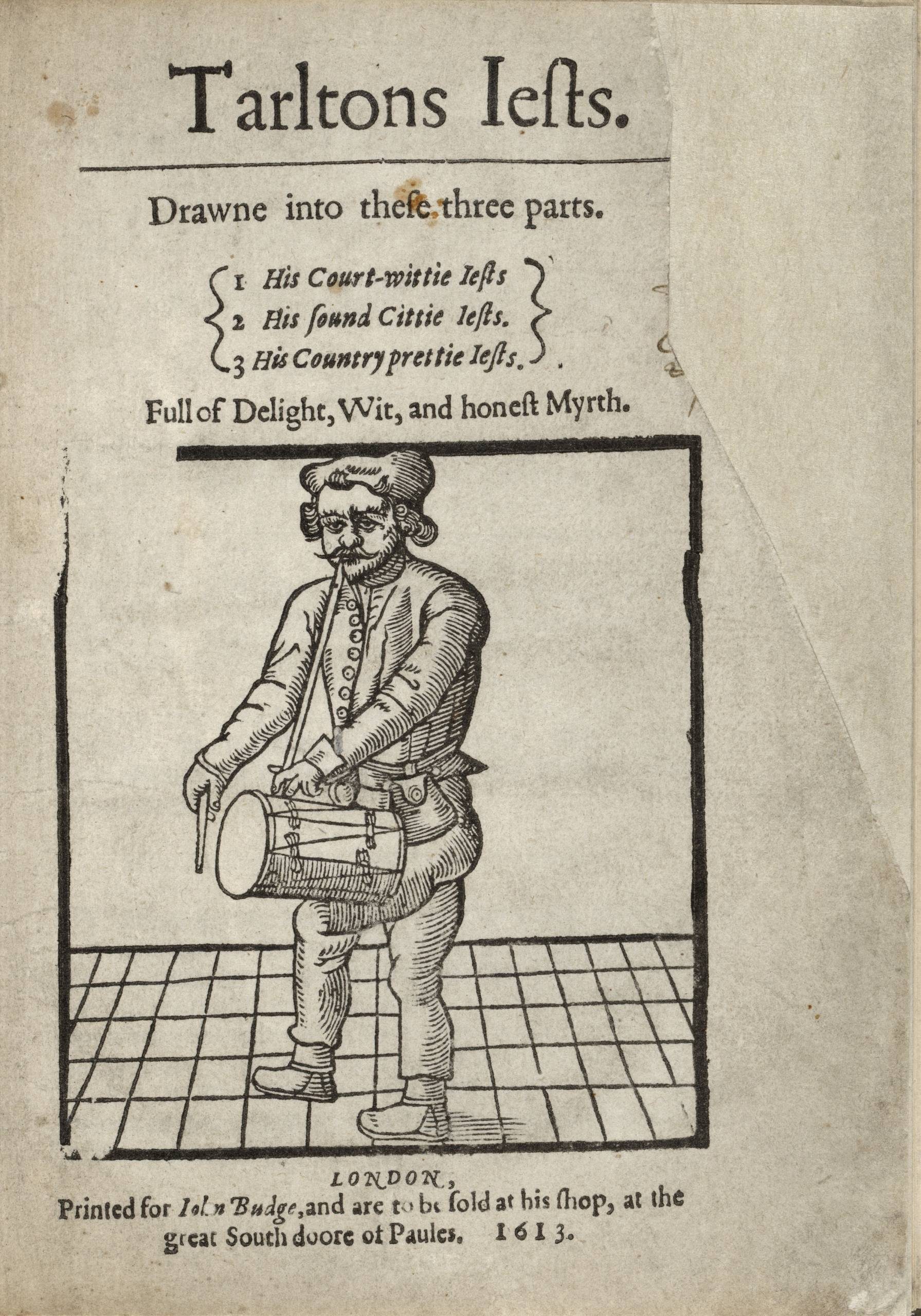 A printed title page of a book with an image of a man playing a drum slung around his neck.