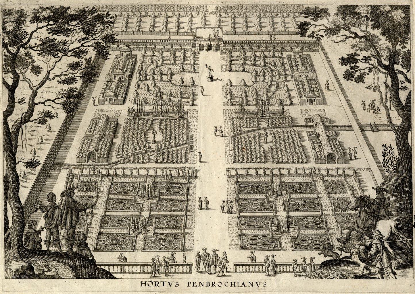 View of the garden of Wilton House. The garden is large, set out within a walled rectangular space and divided into multiple orderly segments. Figural sculptures, foliage-covered arched walkways and fountains are interspersed.