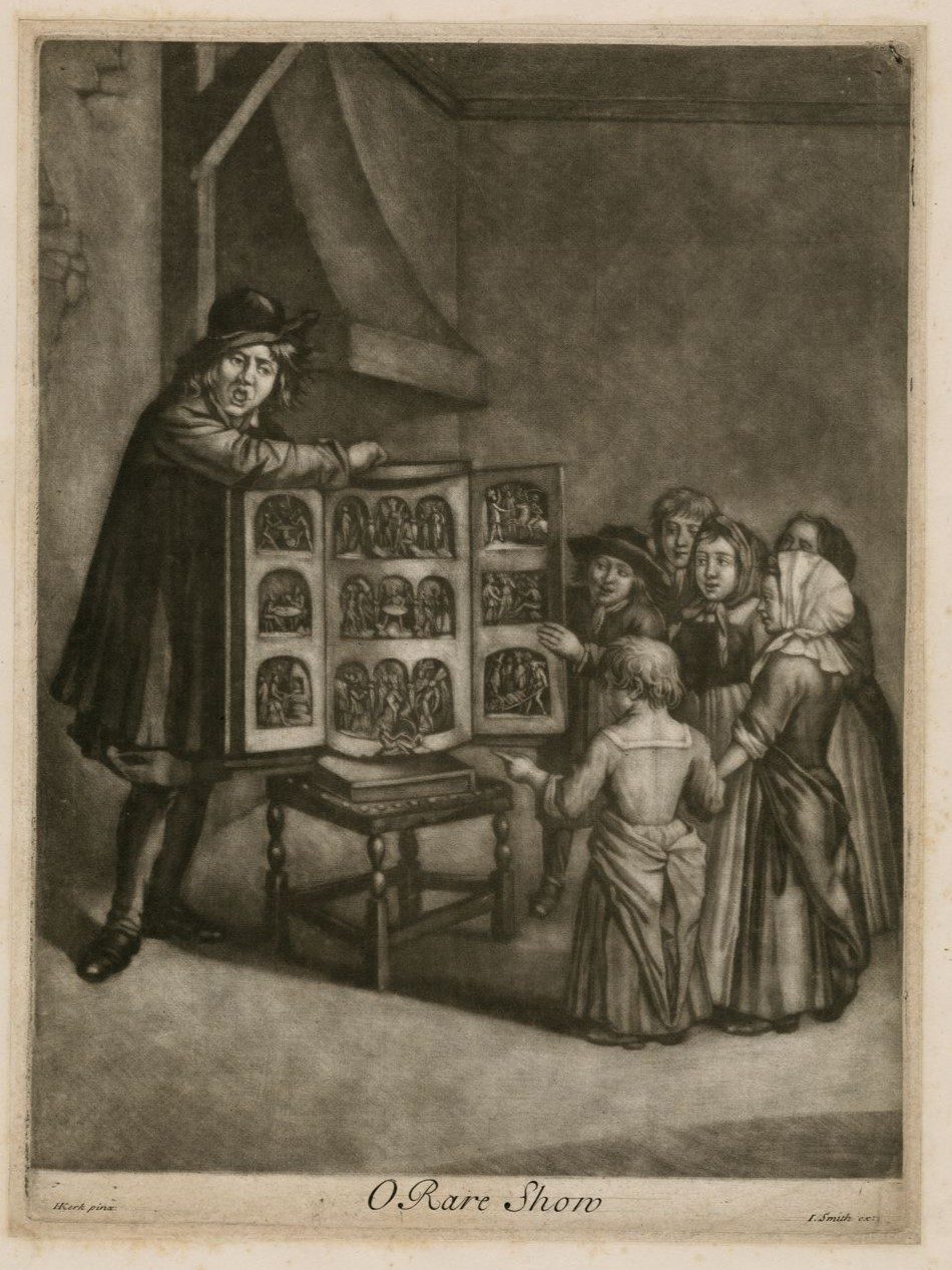 A showman, with long hair and wearing a hat, displays an open hinged cabinet, revealing a series of scenes in panels. On the viewer's right, a group of six children, 4 girls and 2 boys, observe the show.