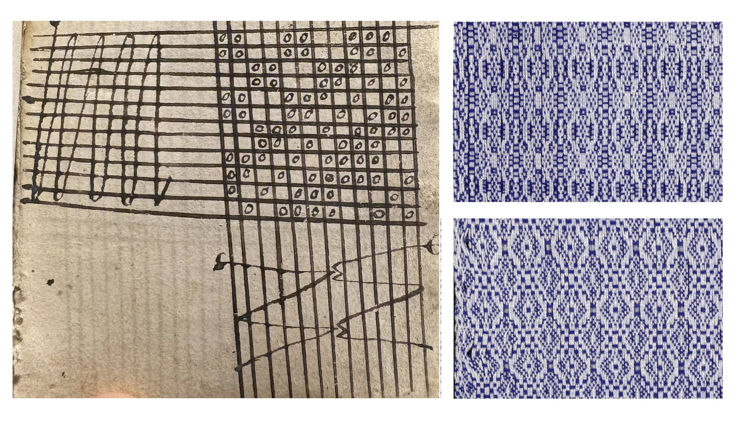 A cropped image of a page, showing a hand-drawn grid-like chart. Beside it are two blue patterned cloth samples.