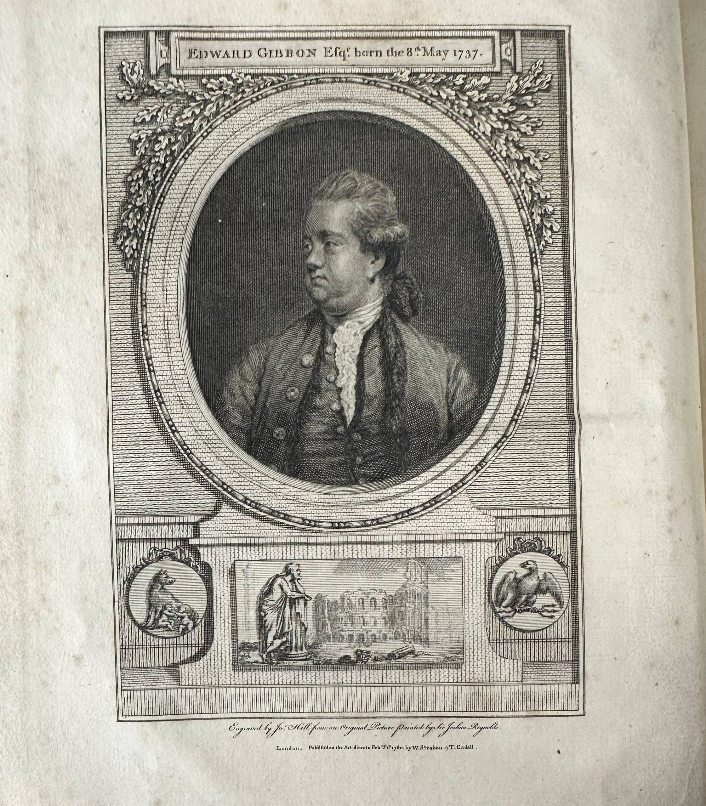 An engraved portrait of a man in 18th century dress looking to his right. The portrait is framed by Greco-Roman design.