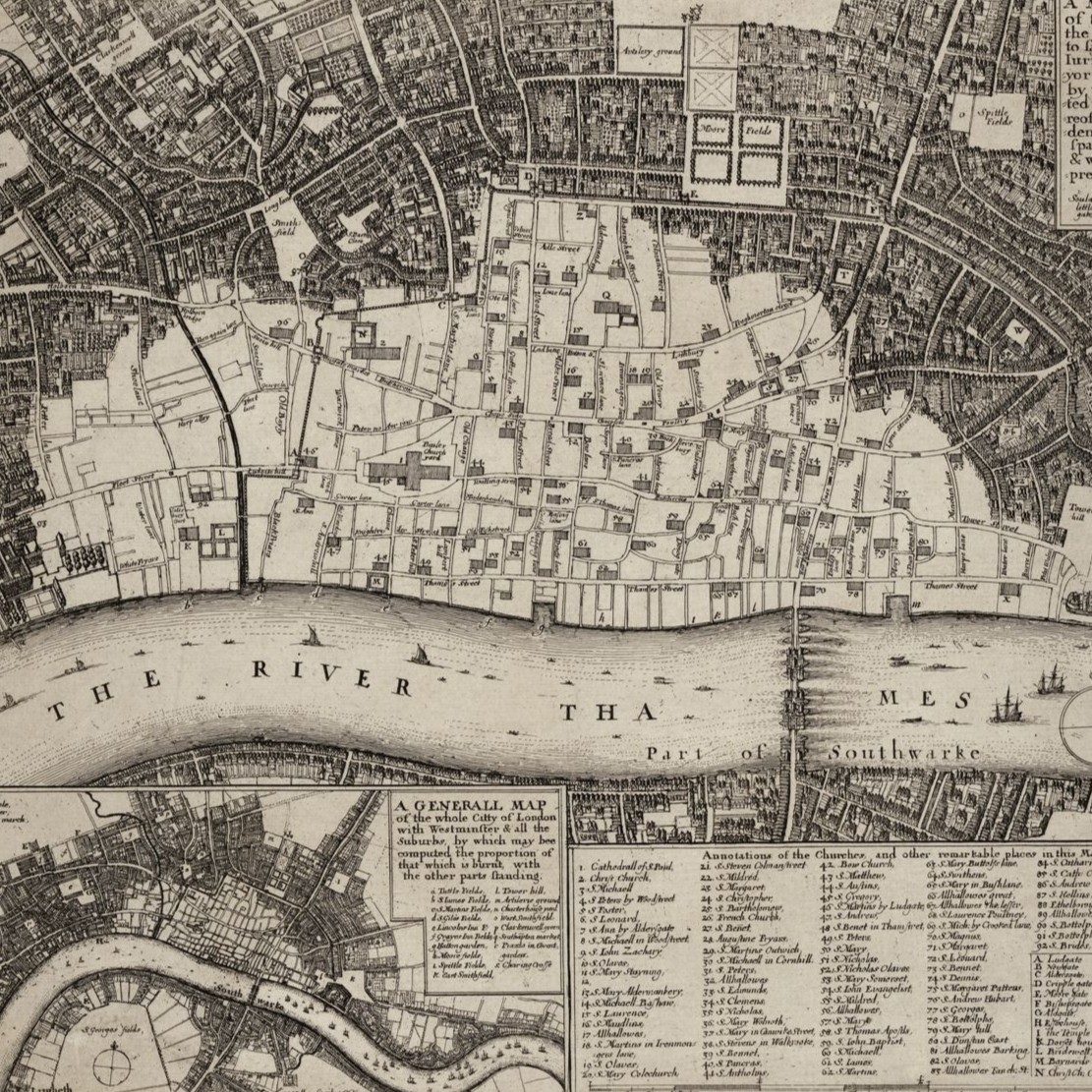 An early modern map showing a river with many places labeled alongside it.
