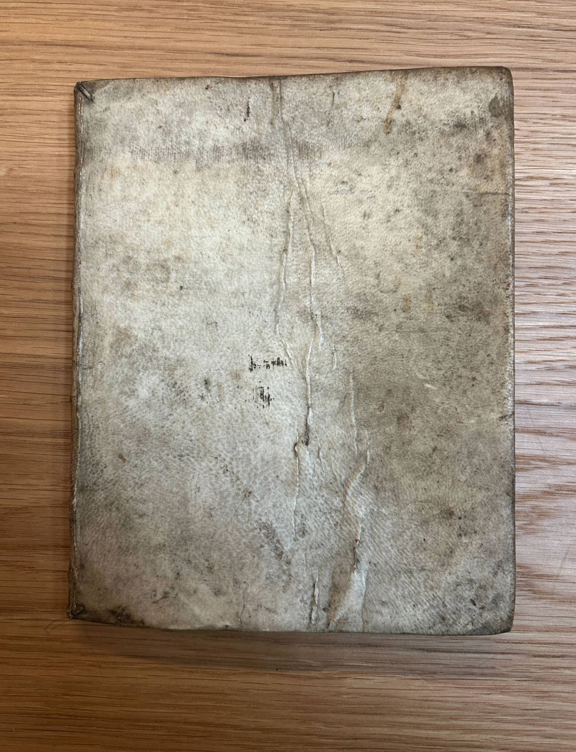 A slightly dingy vellum cover of a book showing visible wear