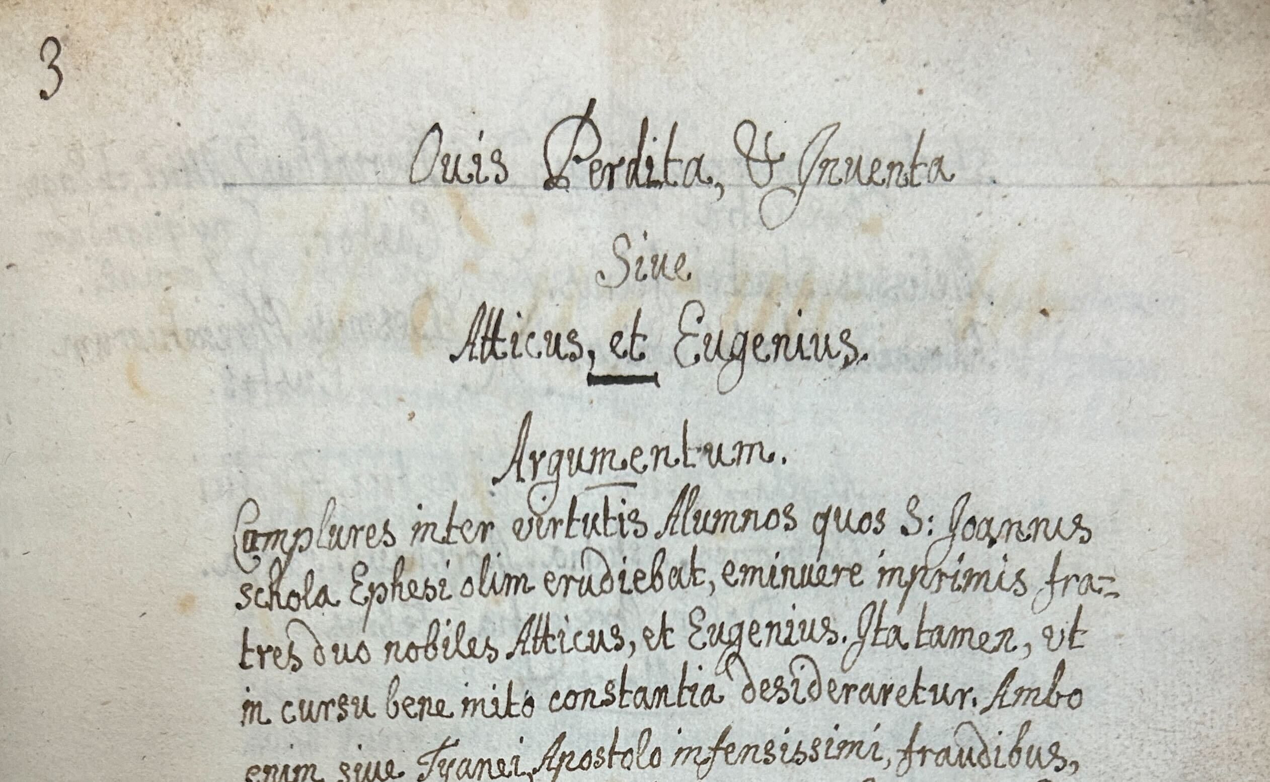 A title of a handwritten play with the text starting below it