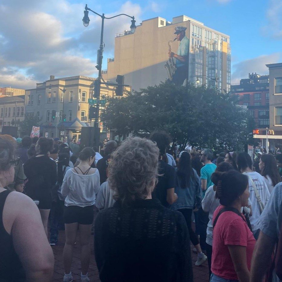 A crowd of people in bright sunlight stand together looking forward.