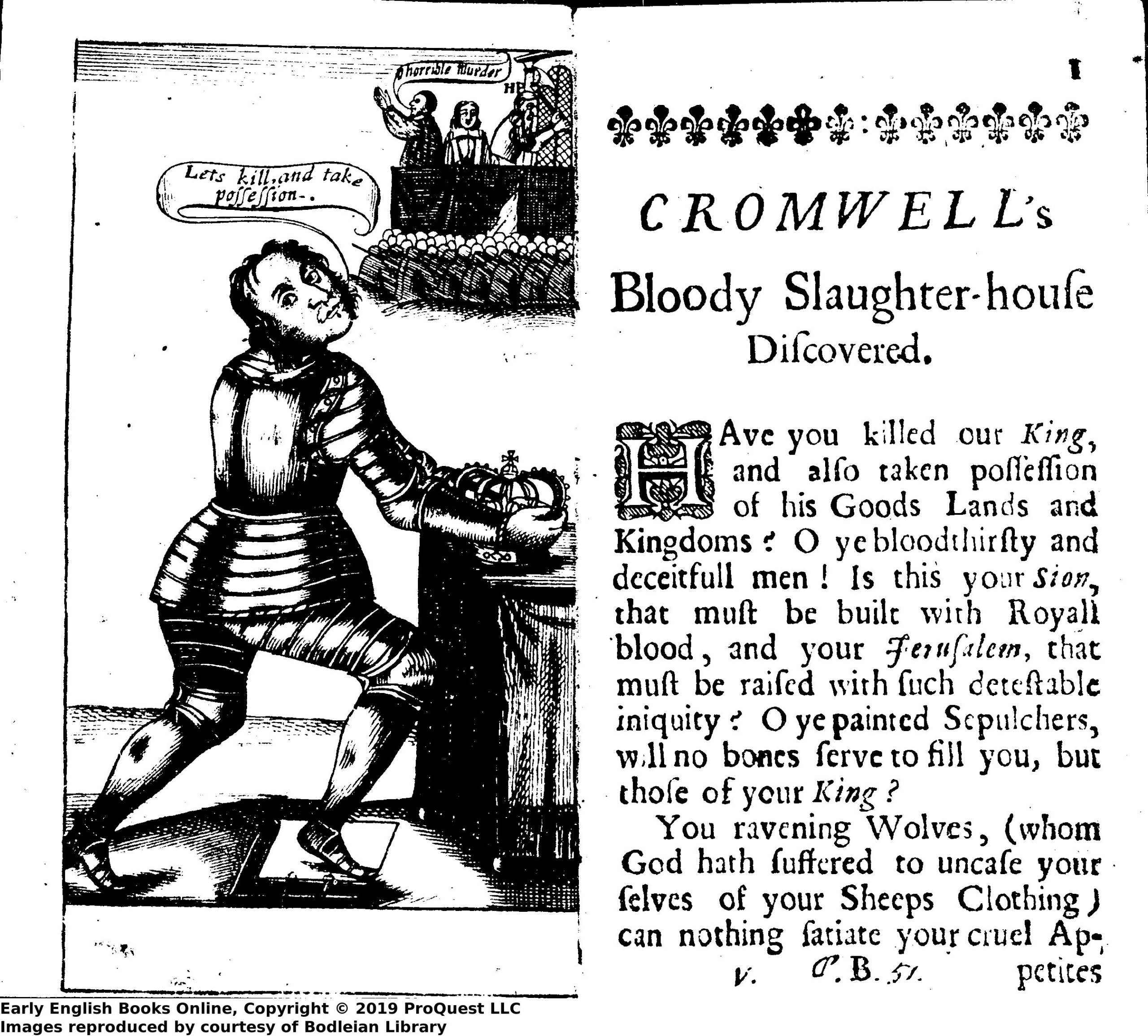A microfilm image of an opening of a book. On the lefthand page is an illustration of a crouched figure in armor taking a throne and on the right is text.