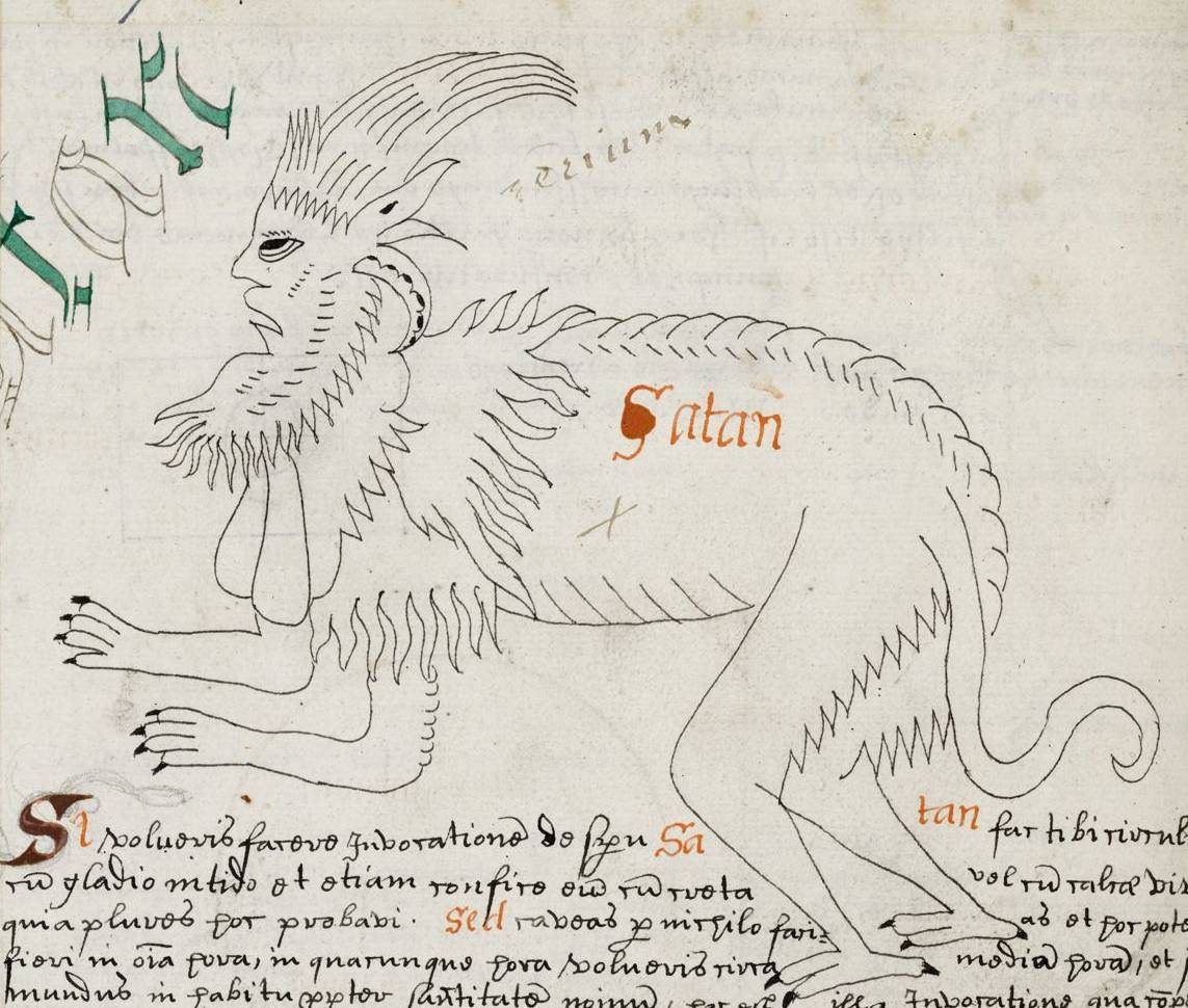 At the top of the page is a large drawing of a four-legged figure with goat, reptile, and human features, labeled Satan. Beneath the drawing is handwritten text is what appears to be Latin.