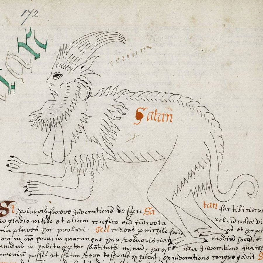 At the top of the page is a large drawing of a four-legged figure with goat, reptile, and human features, labeled Satan. Beneath the drawing is handwritten text is what appears to be Latin.
