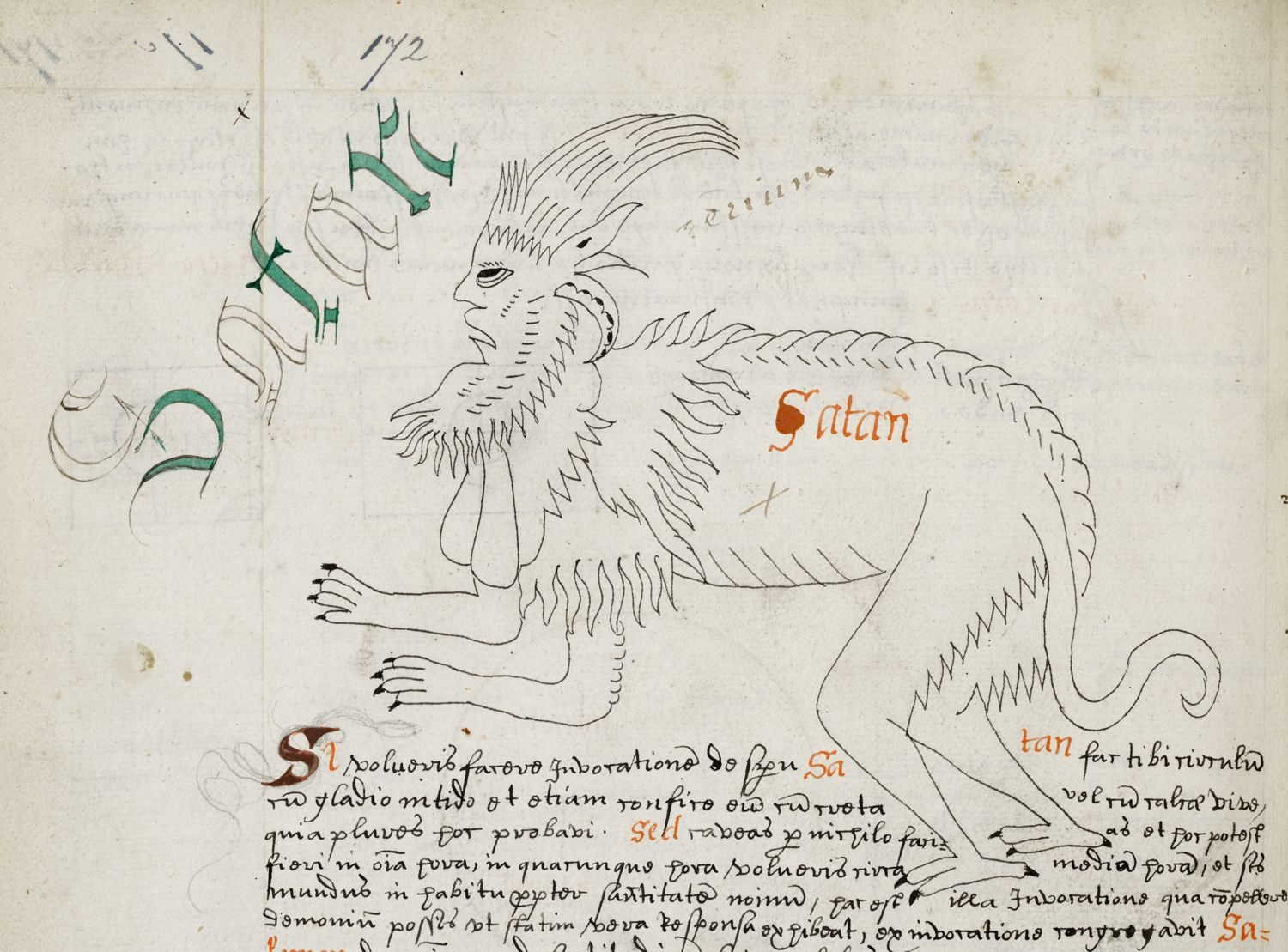 At the top of the page is a large drawing of a four-legged figure with goat, reptile, and human features, labeled Satan. Beneath the drawing is handwritten text is what appears to be Latin.