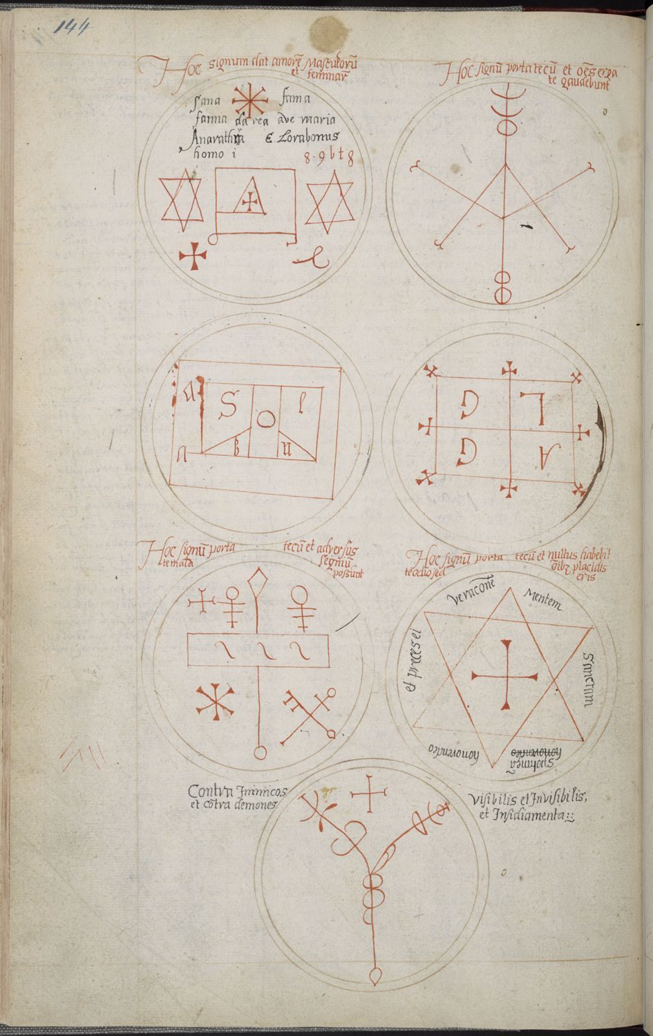 a page with seven circular drawings in black and red ink, each with unique alchemical or occult-like symbols in the center of the circle.