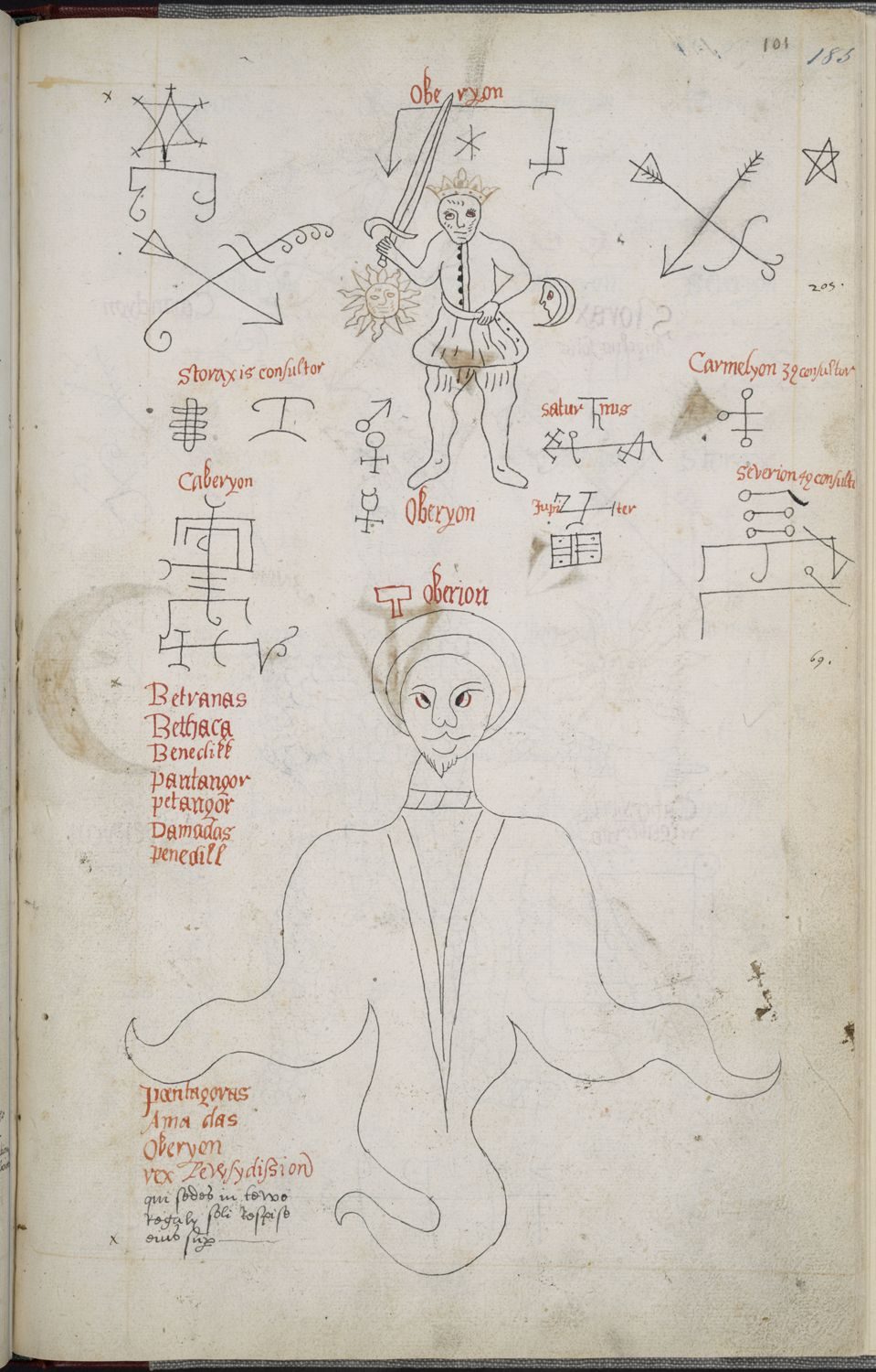 A page with two figures, one a small man wearing a crown and wielding a sword, and the other a bearded figure with spectral limbs. The figures are surrounded by occult or alchemical symbols labeled in red ink.