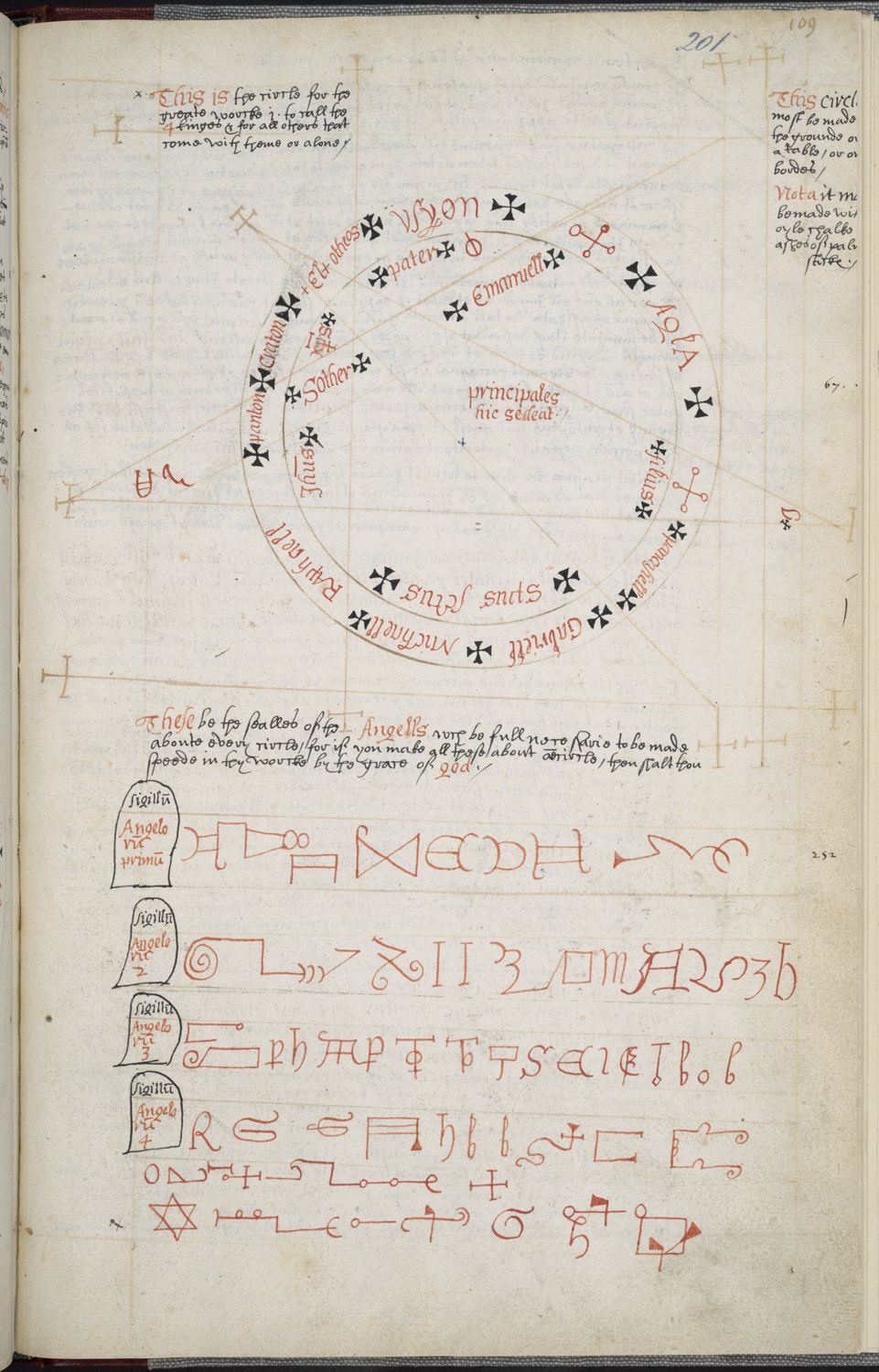 A page with a large circular diagram at the top of the page. Beneath the drawing are rows of alchemical or occult symbols in red ink.