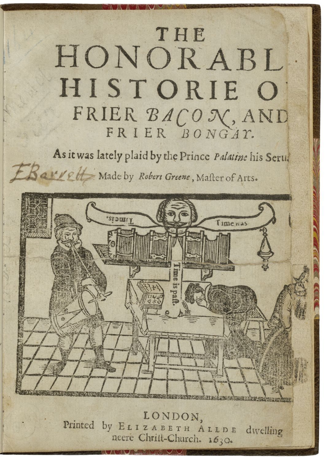 A printed title page with a woodcut illustration showing a drummer, a man slumped over a table and a third man mostly out of frame. Above the table is a head hovering over a bookshelf. Three messages issue from the head: Time is, Time is past, and Time was