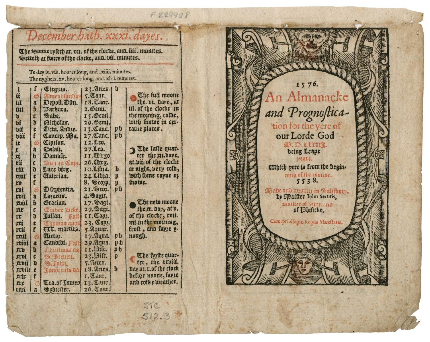 An opening of two pages showing a chart on the lefthand side and a title page with a decorative border on the other.