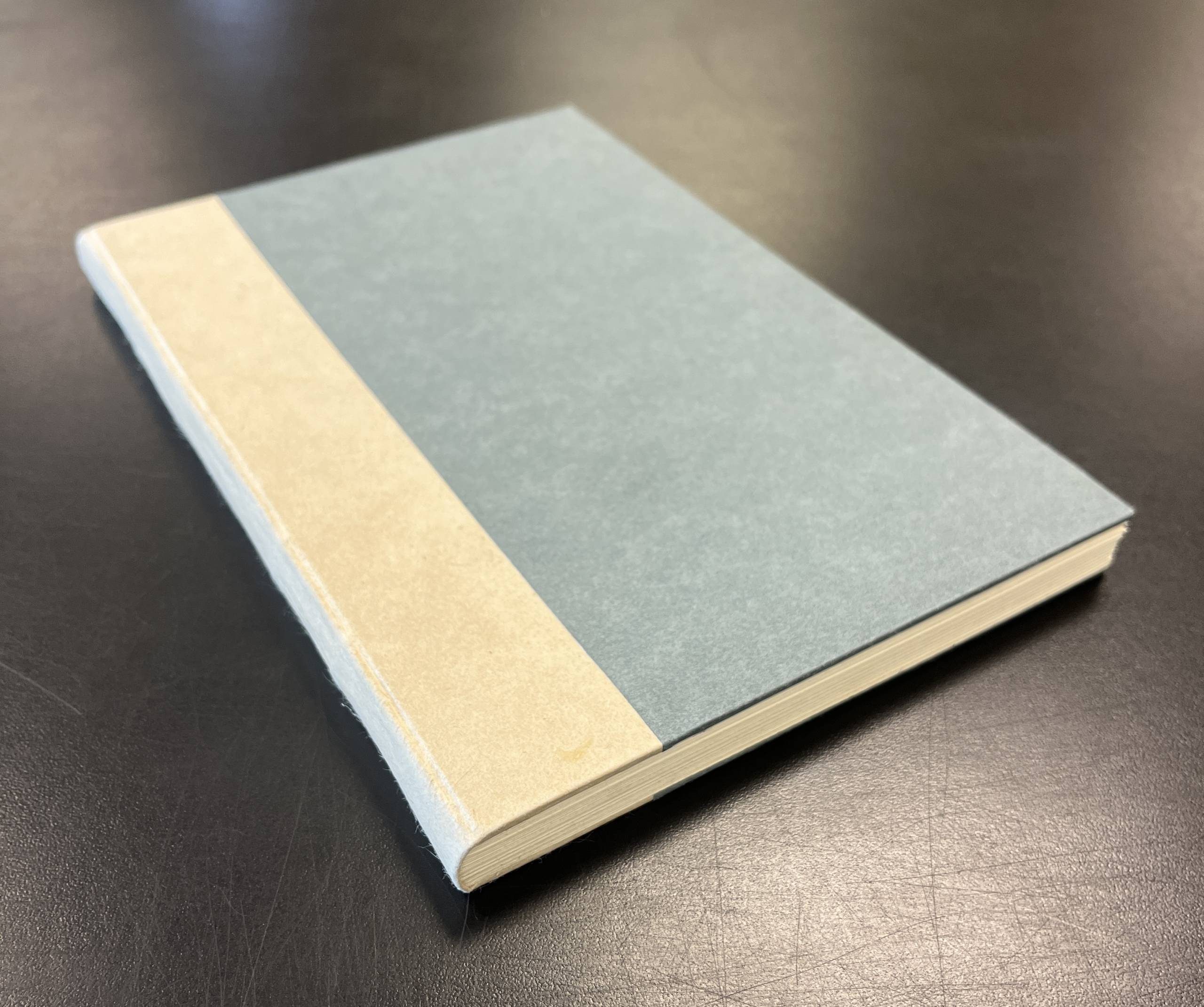 A blue and white model of a binding lying shut on a stainless steel surface