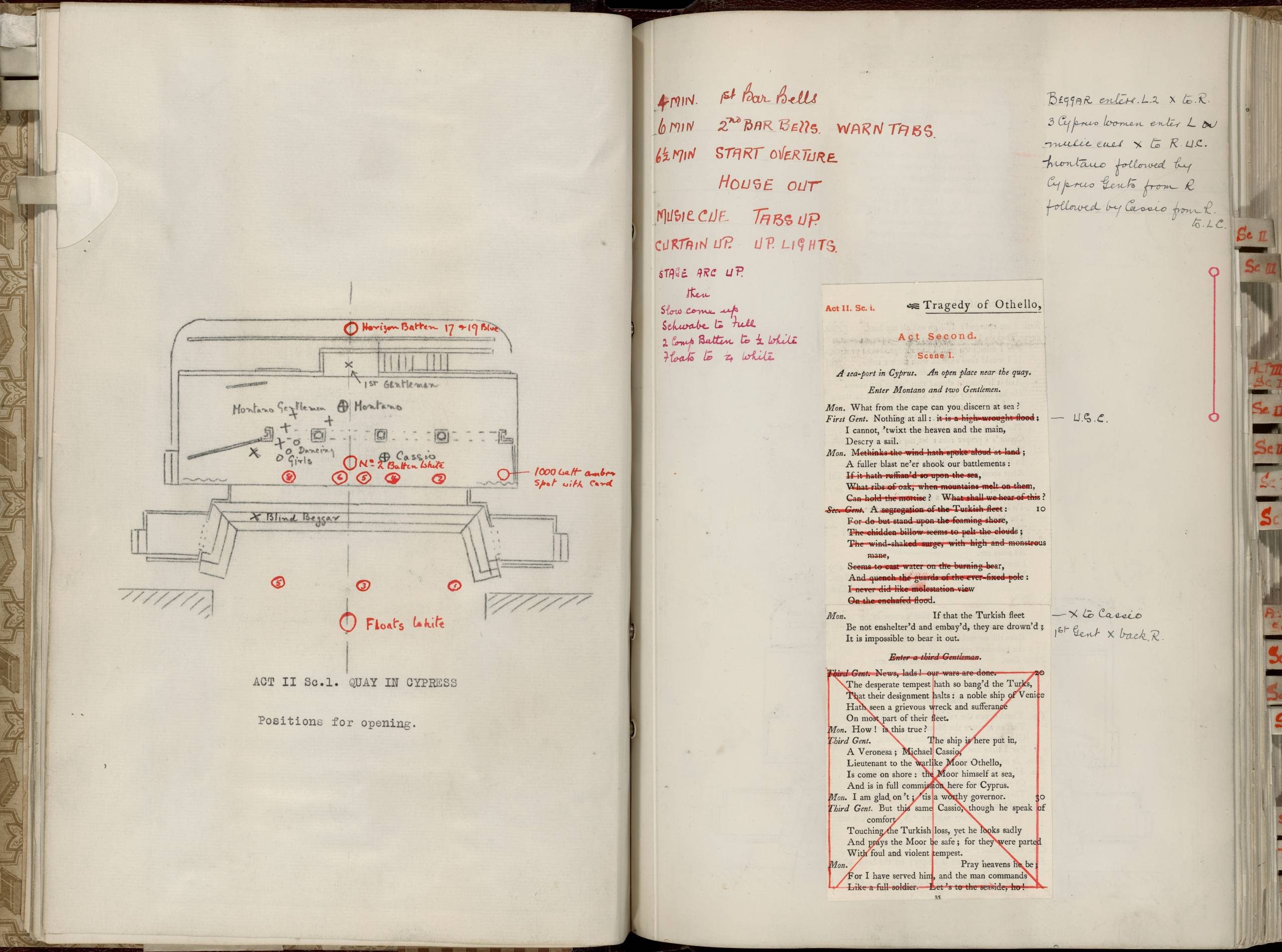 A opening of a book showing a diagram and black and red ink on the left and a column of printed text surrounded by red and black ink handwritten text