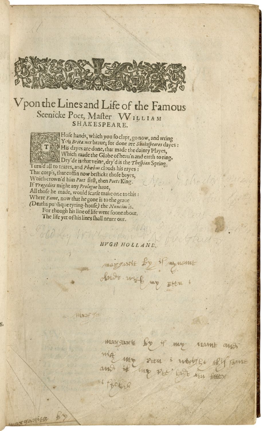 handwritten inscription on a First Folio of Shakespeare