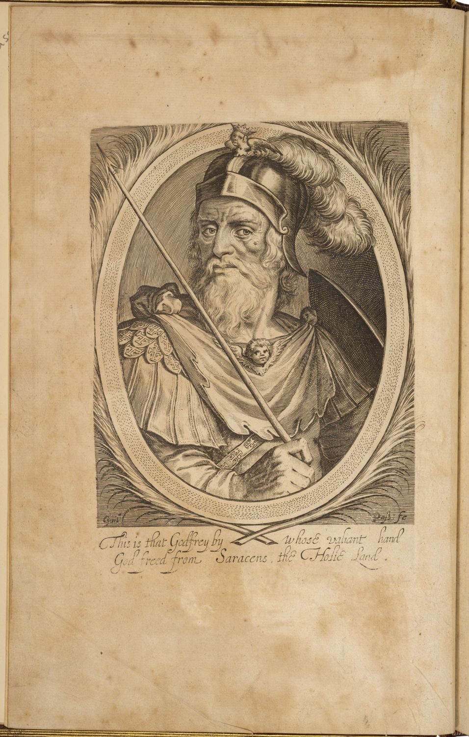A portrait of a man wearing a helmet and wielding a sword. He has long flowing white beard.