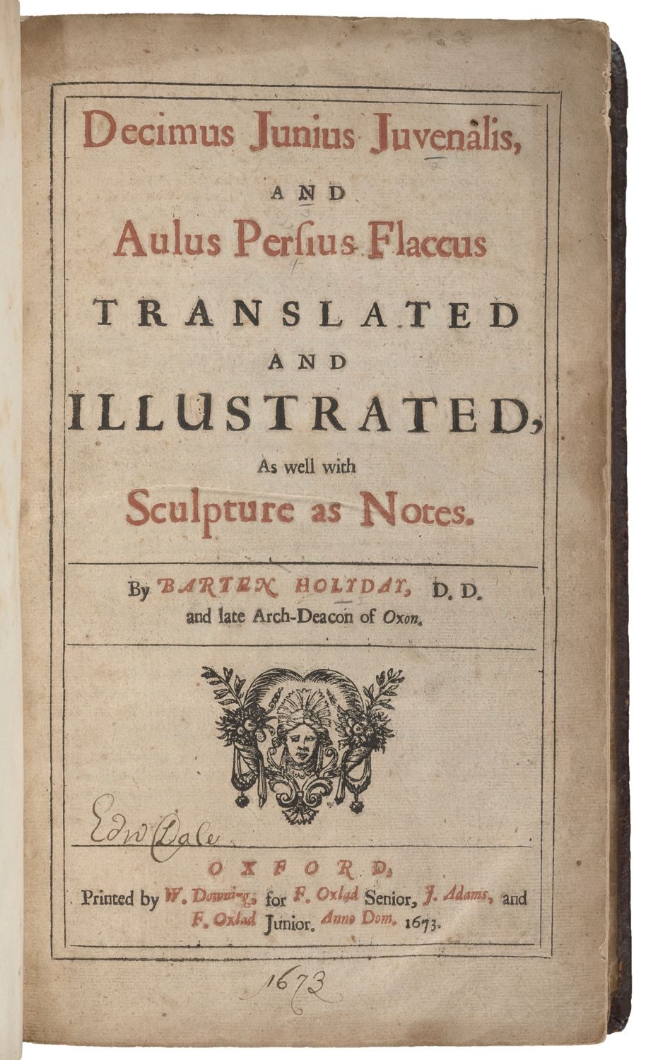 A printed title page with some of the text in red ink. In the lefthand corner is a small signature reading Edw. Dale.