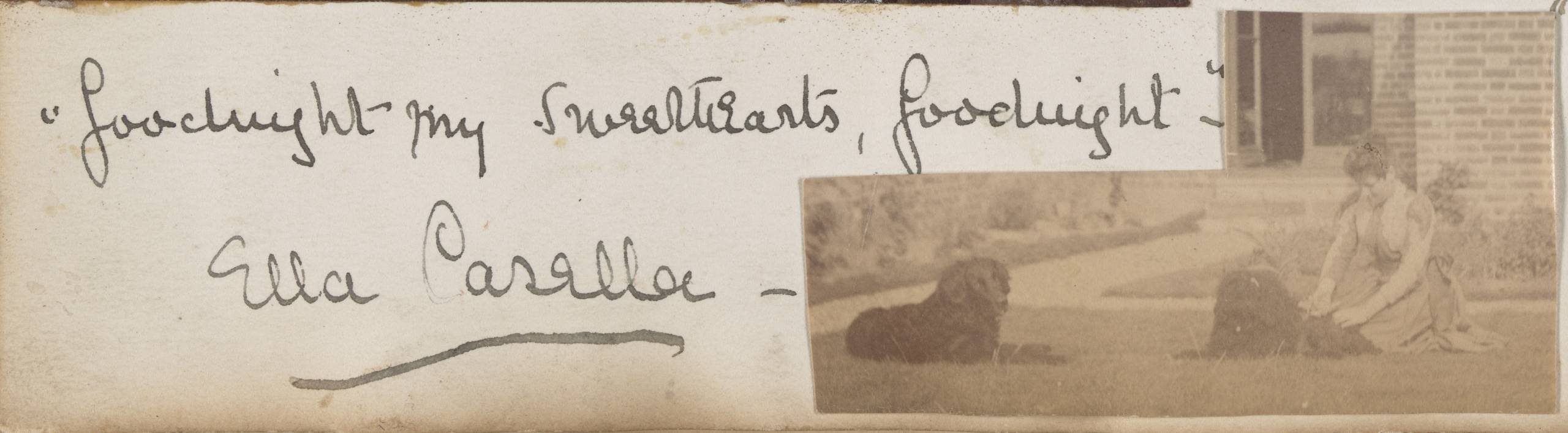 A cutout of a sepia-tone photograph of a woman sitting in the grass with large dark dogs. The photo is captioned 