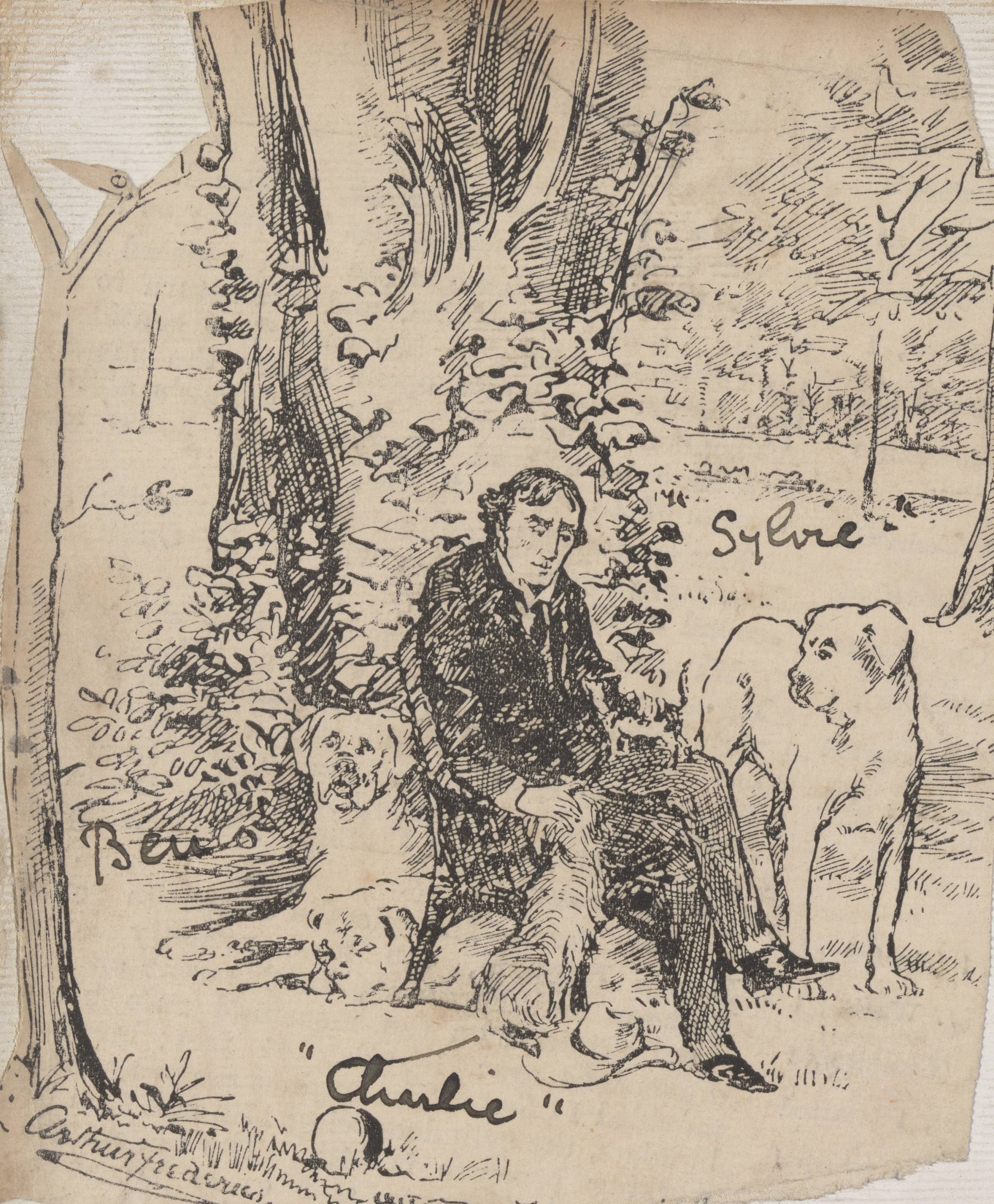 A ink drawing of a seated man in park-like scenery. He is leaning down to pet a small dog, one large dog lies behind his seat, and another large dog stand to the side. The dogs are labeled in a flowing hand. Perhaps Charlie, Benoit, and Sylvie.