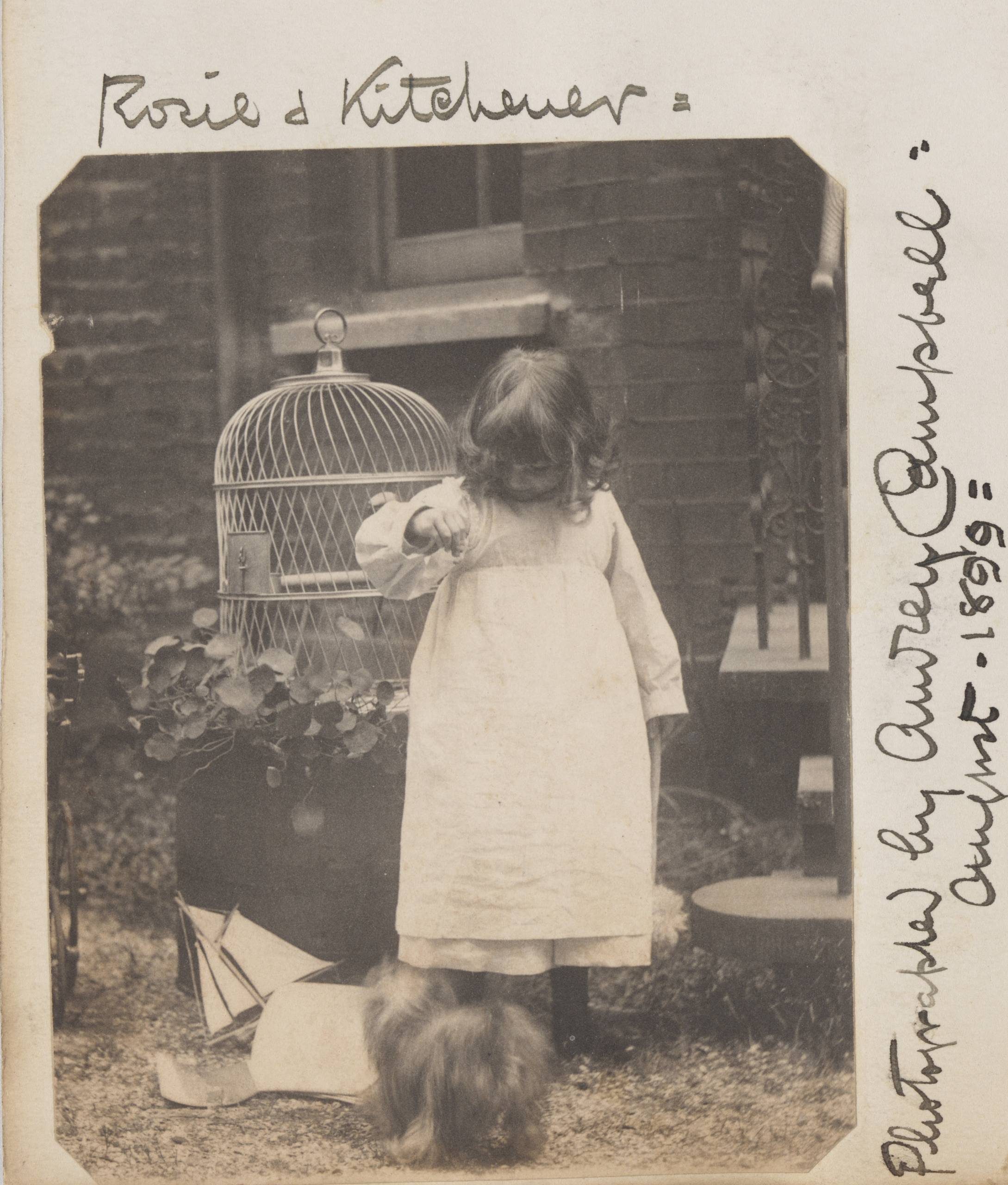 A sepia-toned photograph of a young girl in a long white dress playing with a small dog with curly hair who is preparing to jump.