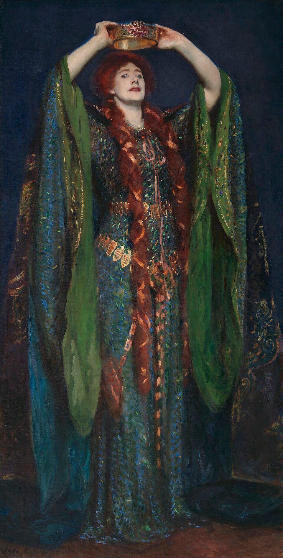 A painting of a woman holding a crown over her head. Her hair is long and red, her dress flowing and green. Her expression is intense.