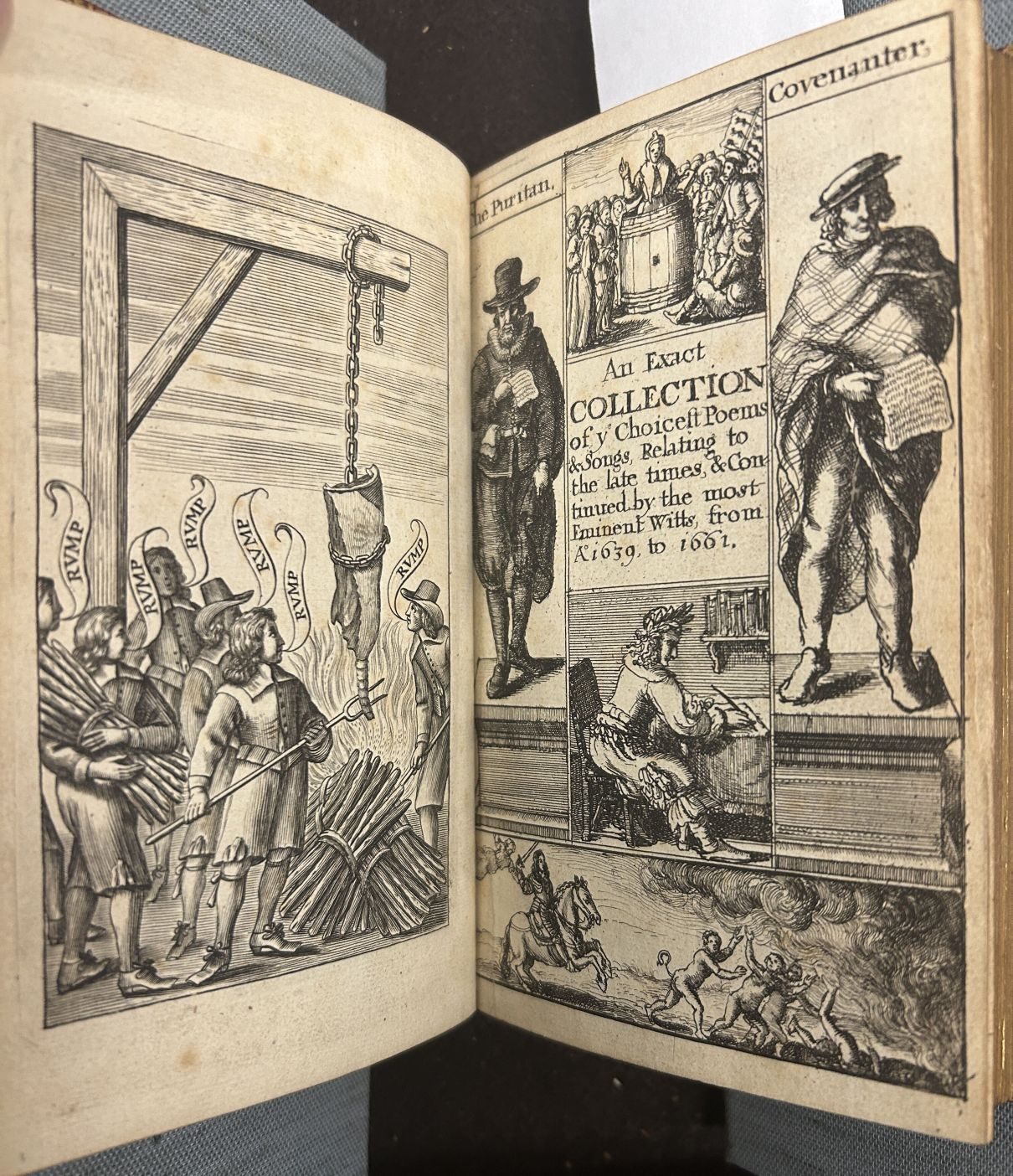 An opening of a book with the left showing a crowd surrounding a hanging piece of meat roasting over a fire and the right showing a title page with three male figures and a scene of a man on horseback chasing men running on foot.