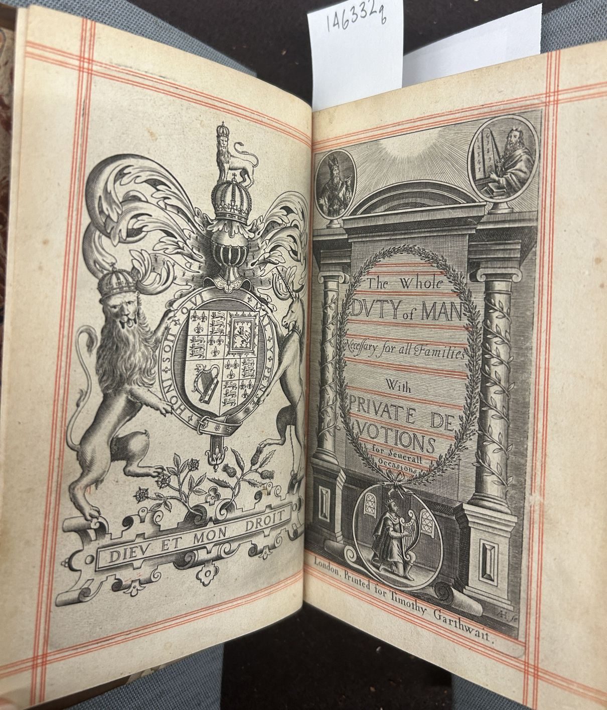 An opening of a book showing a crest with rampant lions on the left and a title page with an engraved border on the right. Both images are outlined with two thin red lines.