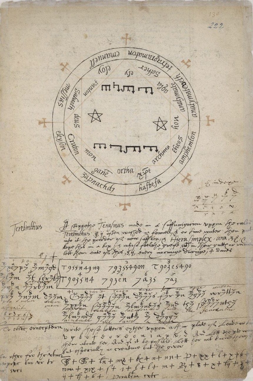 A page with a large circular drawing at the top of the page. Beneath it are divided rows of text in a mixture of English, numerical code, and possibly some sort of symbolic code. A second hand has written words beneath the numerical code.