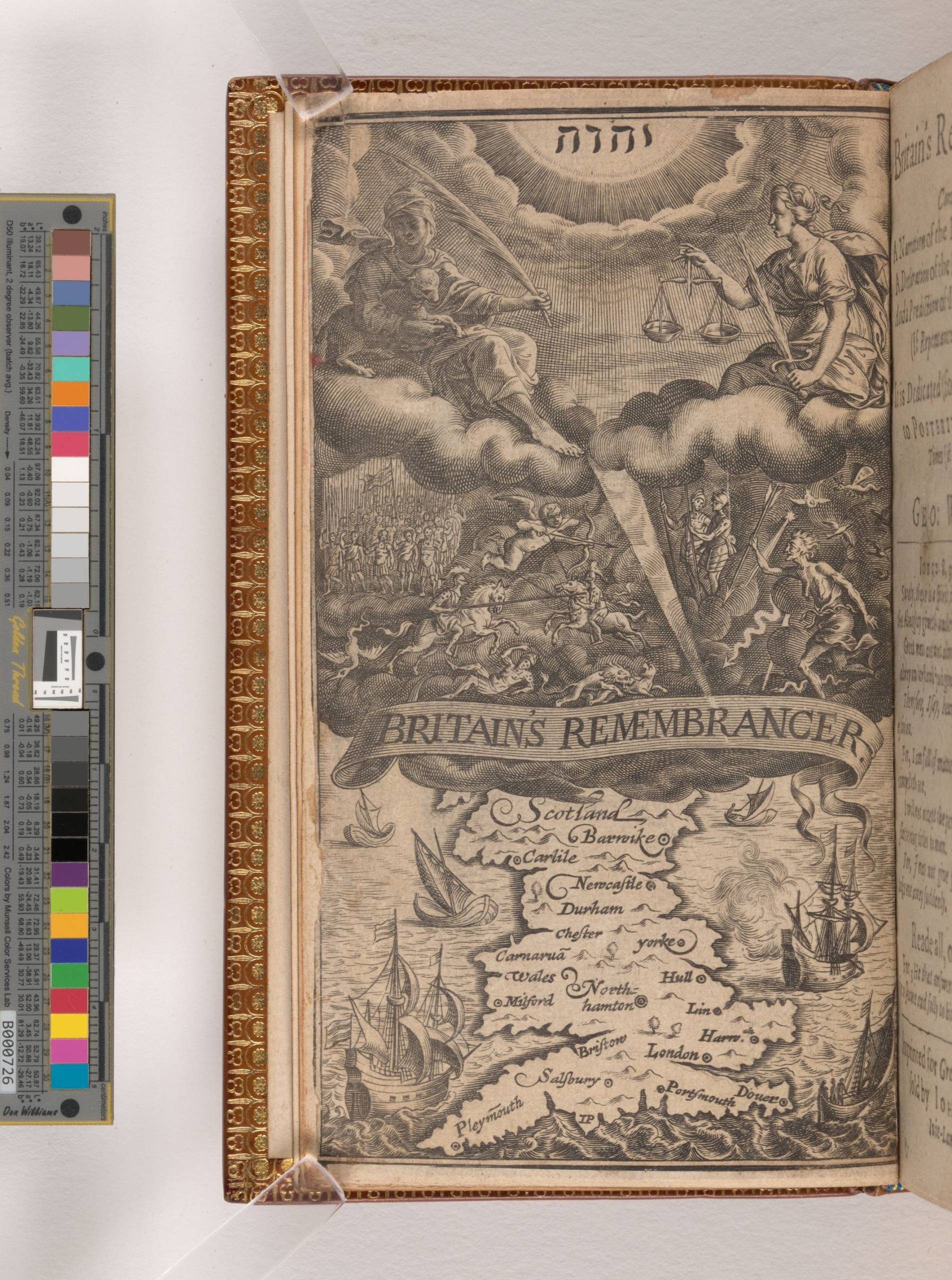 An overhead shot of a page of a book showing an engraved frontispiece. Barely visible are two clear sticks in the corners of the page.