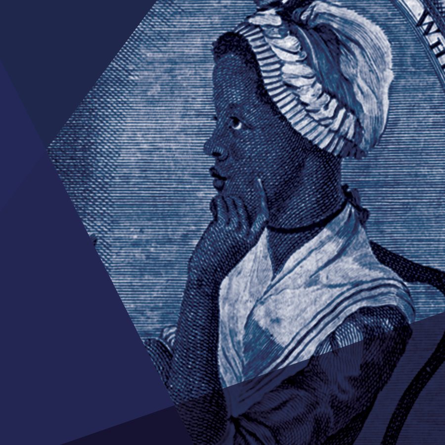 Print of a young, early modern Black woman in a thoughtful pose, wearing a cap, colorwashed in blue with geometric blue shapes framing her